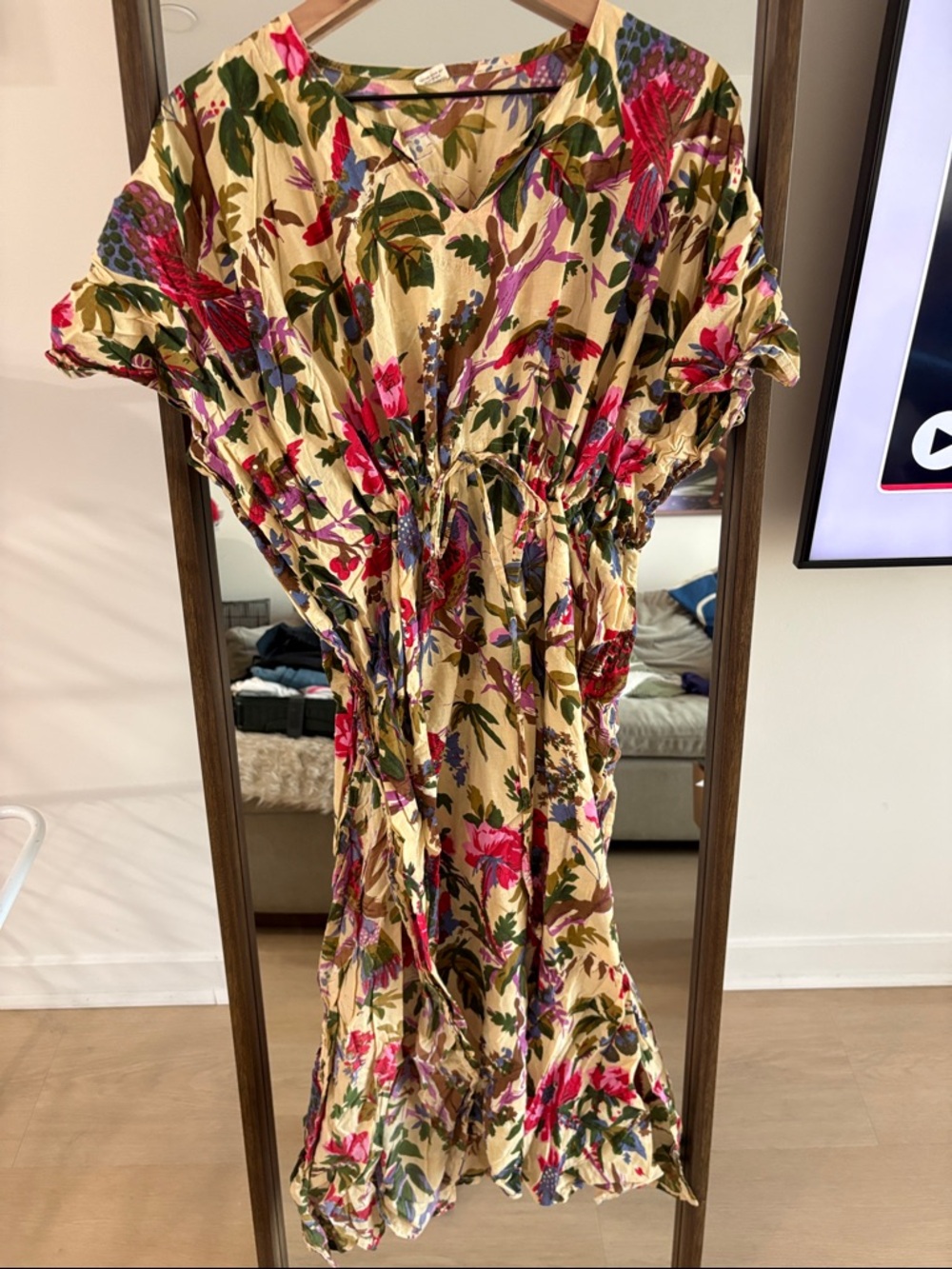 Floral Drawstring Maxi Dress in Mustard with Pink & Green Print